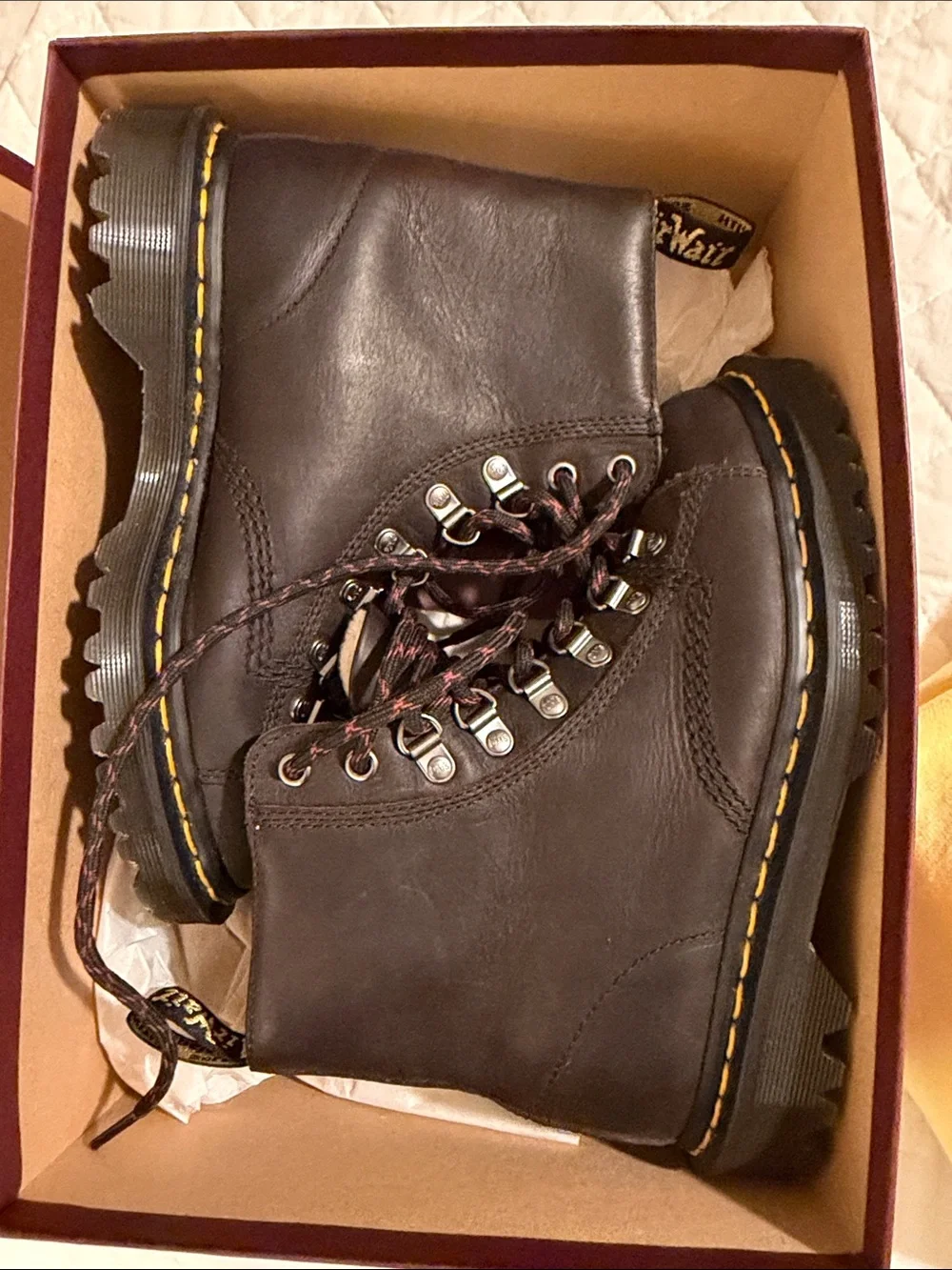 Dr. Martens Black Leather Hiking-Style Boots with Yellow Stitching